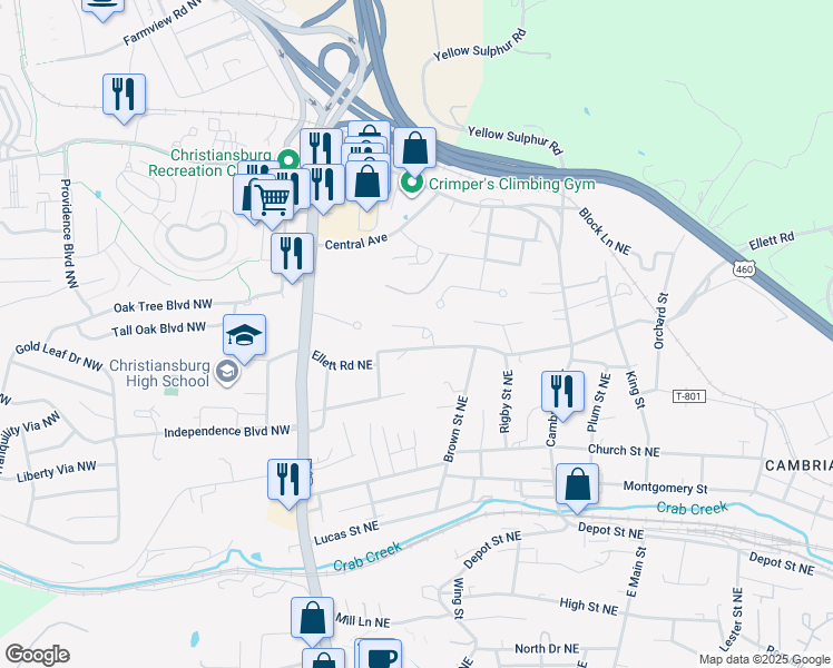 map of restaurants, bars, coffee shops, grocery stores, and more near 150 Thelma Lane Northeast in Christiansburg