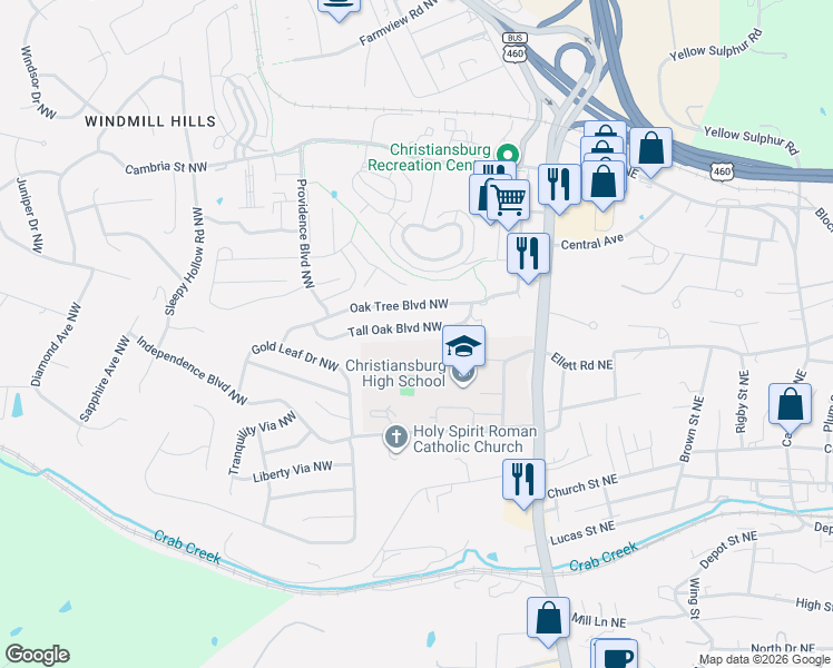 map of restaurants, bars, coffee shops, grocery stores, and more near 305 Tall Oak Boulevard Northwest in Christiansburg
