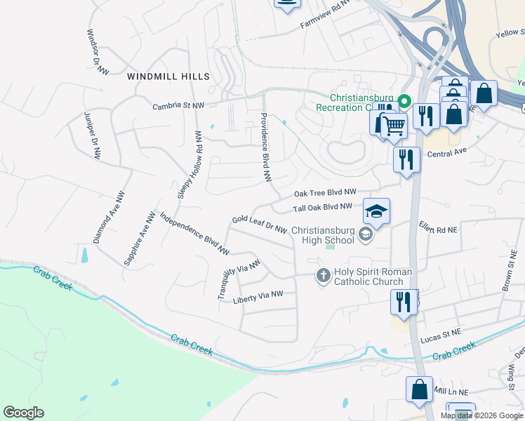 map of restaurants, bars, coffee shops, grocery stores, and more near 1080 Oaktree Boulevard in Christiansburg