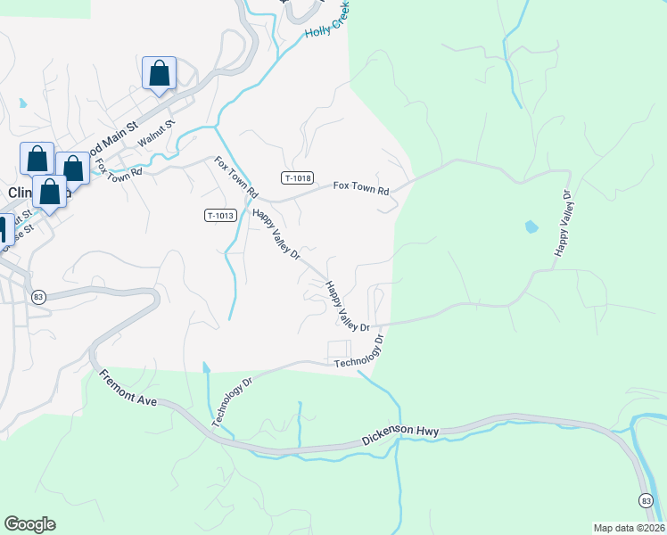 map of restaurants, bars, coffee shops, grocery stores, and more near 477 Happy Valley Drive in Clintwood