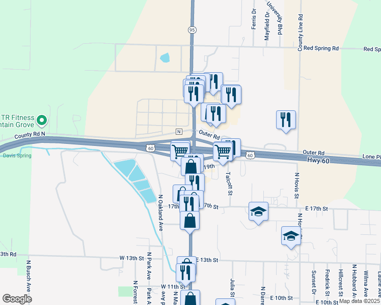 map of restaurants, bars, coffee shops, grocery stores, and more near in Mountain Grove