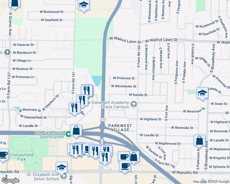 map of restaurants, bars, coffee shops, grocery stores, and more near 1826 West Winchester Street in Springfield
