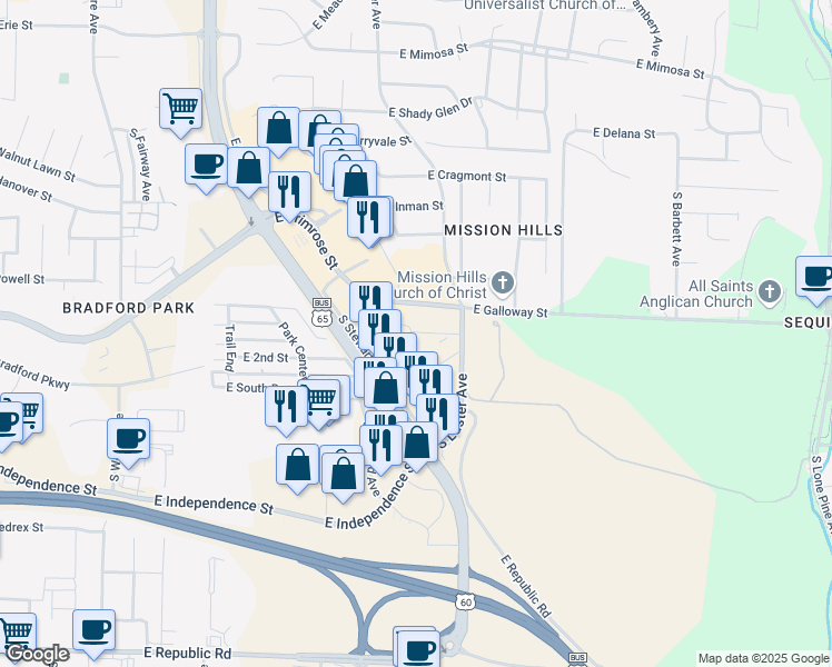 map of restaurants, bars, coffee shops, grocery stores, and more near 2124 East Macs Court in Springfield