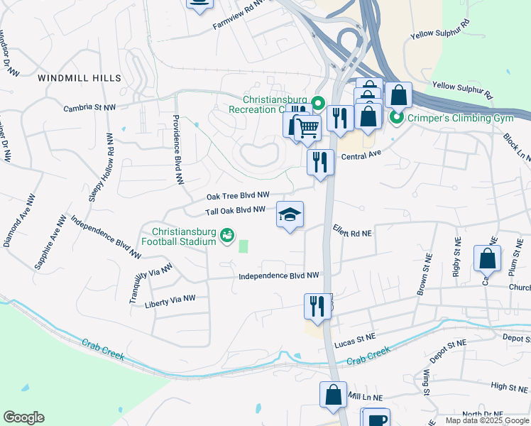 map of restaurants, bars, coffee shops, grocery stores, and more near 230 Tall Oak Boulevard Northwest in Christiansburg