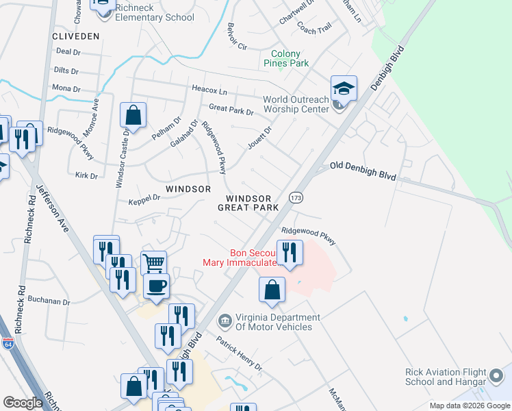 map of restaurants, bars, coffee shops, grocery stores, and more near 11 Dinwiddie Place in Newport News
