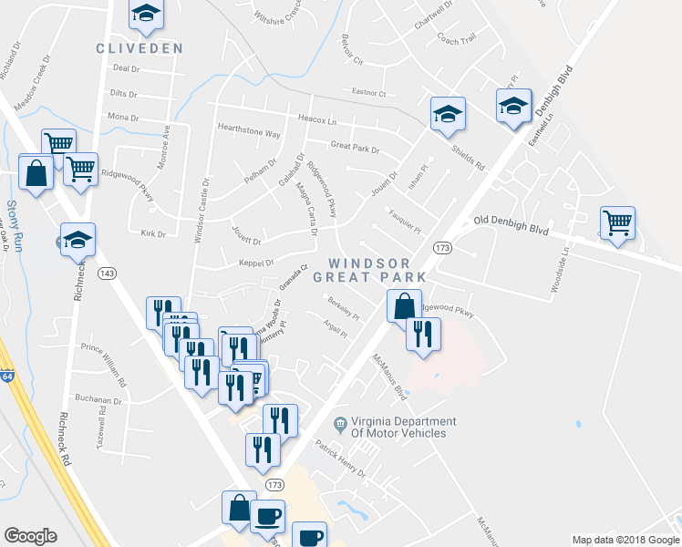 map of restaurants, bars, coffee shops, grocery stores, and more near 24 Cornwallis Place in Newport News