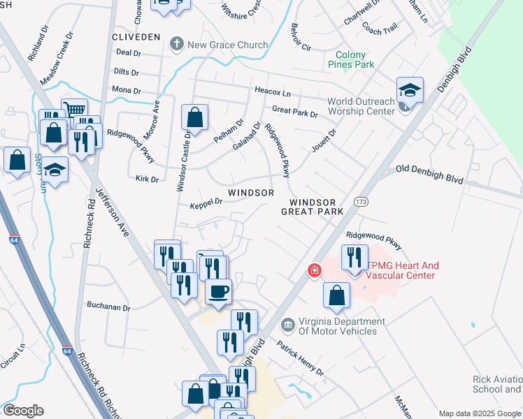 map of restaurants, bars, coffee shops, grocery stores, and more near 1374 Granada Court in Newport News