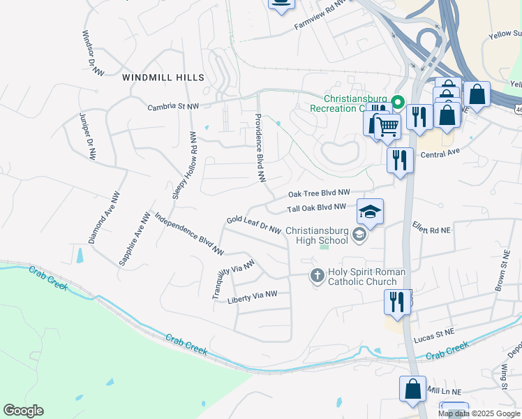 map of restaurants, bars, coffee shops, grocery stores, and more near 1060 Oak Tree Boulevard Northwest in Christiansburg
