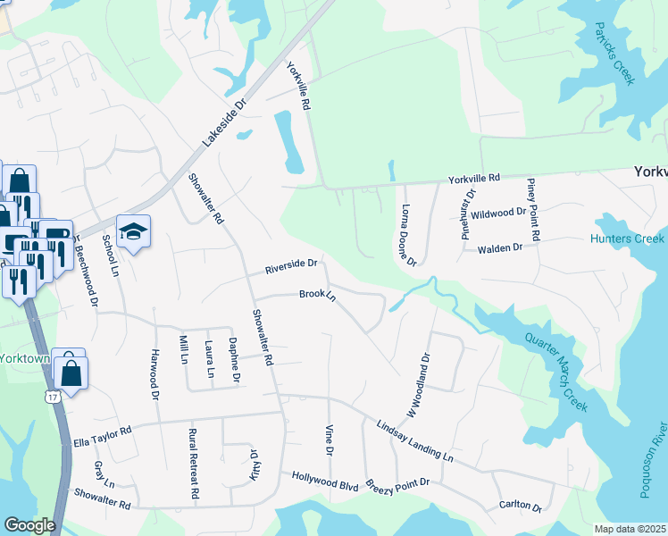 map of restaurants, bars, coffee shops, grocery stores, and more near 303 Riverside Drive in Yorktown