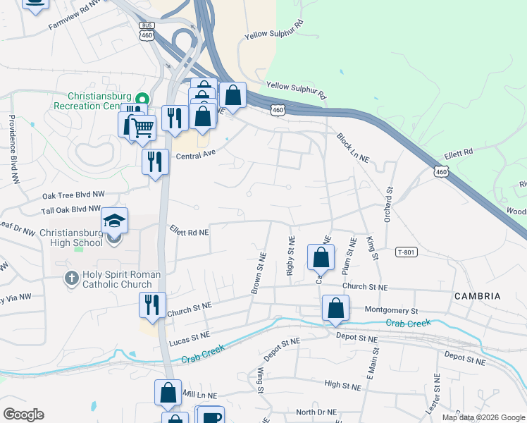 map of restaurants, bars, coffee shops, grocery stores, and more near 1415 Rigby Street Northeast in Christiansburg