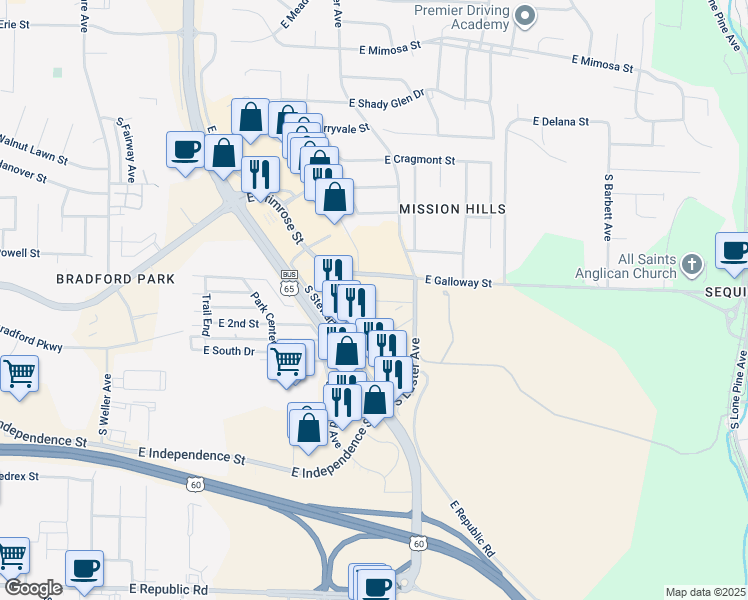 map of restaurants, bars, coffee shops, grocery stores, and more near 2127 East Macs Court in Springfield