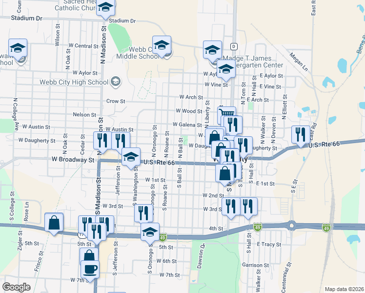 map of restaurants, bars, coffee shops, grocery stores, and more near 401-499 West Daugherty Street in Webb City