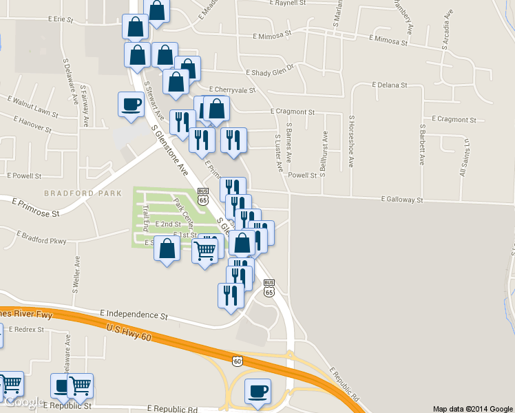map of restaurants, bars, coffee shops, grocery stores, and more near 2127 East Macs Court in Springfield