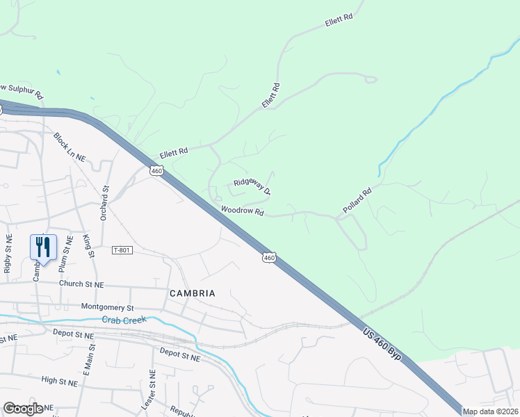 map of restaurants, bars, coffee shops, grocery stores, and more near 940 Ridgeway Drive in Christiansburg