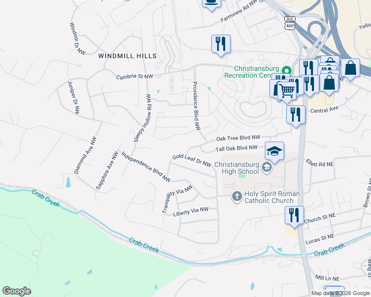 map of restaurants, bars, coffee shops, grocery stores, and more near 1175-1185 Oak Tree Boulevard Northwest in Christiansburg