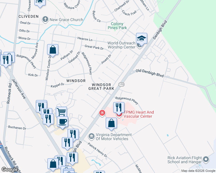 map of restaurants, bars, coffee shops, grocery stores, and more near 11 Dinwiddie Place in Newport News