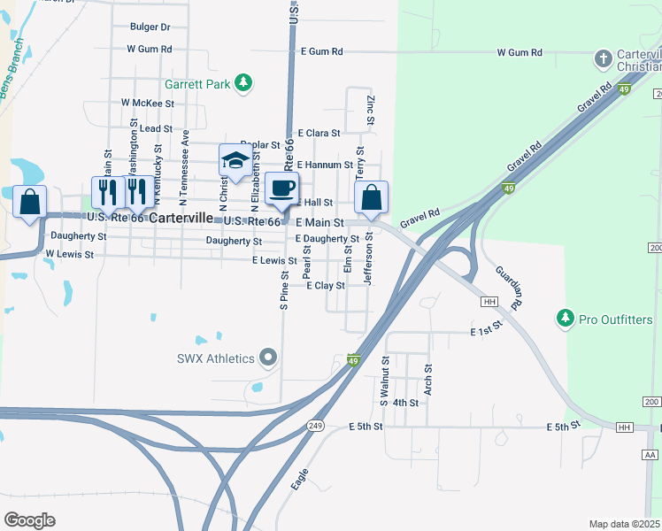 map of restaurants, bars, coffee shops, grocery stores, and more near 607 East Lewis Street in Carterville