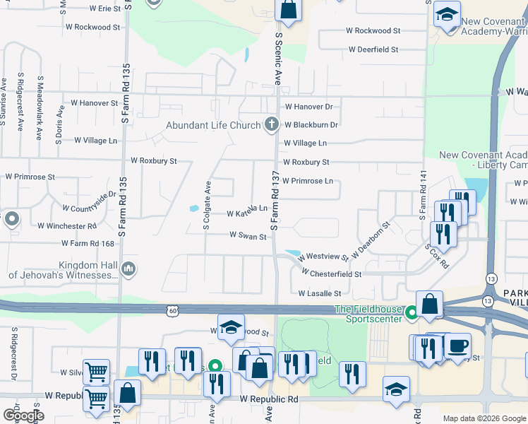 map of restaurants, bars, coffee shops, grocery stores, and more near 2730 West Katella Lane in Springfield