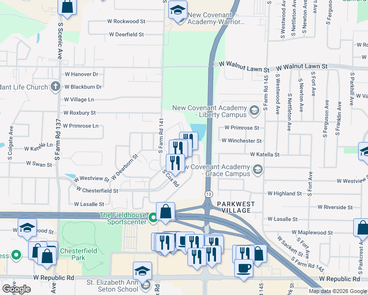 map of restaurants, bars, coffee shops, grocery stores, and more near 3360 South Cox Road in Springfield