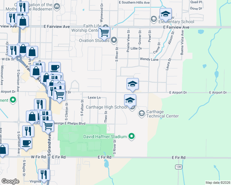map of restaurants, bars, coffee shops, grocery stores, and more near 899 E Airport Dr in Carthage