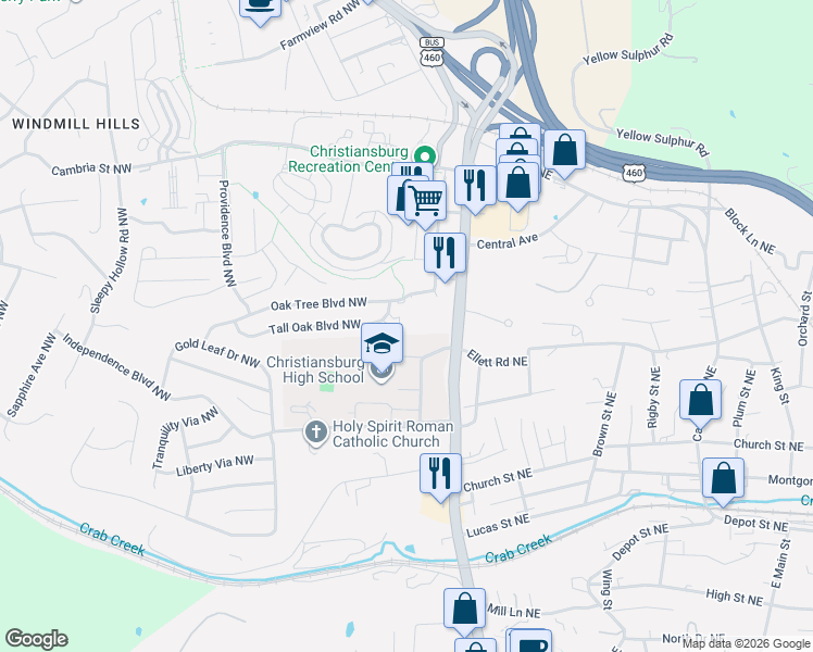 map of restaurants, bars, coffee shops, grocery stores, and more near 100 Tall Oak Boulevard Northwest in Christiansburg