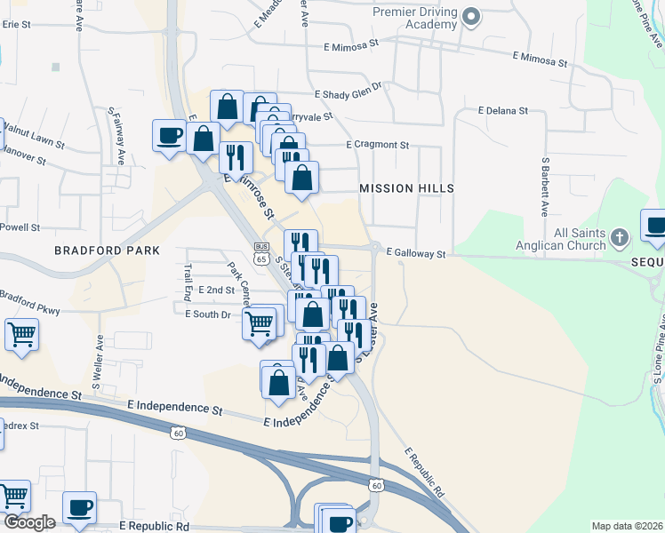map of restaurants, bars, coffee shops, grocery stores, and more near 2127 East Macs Court in Springfield
