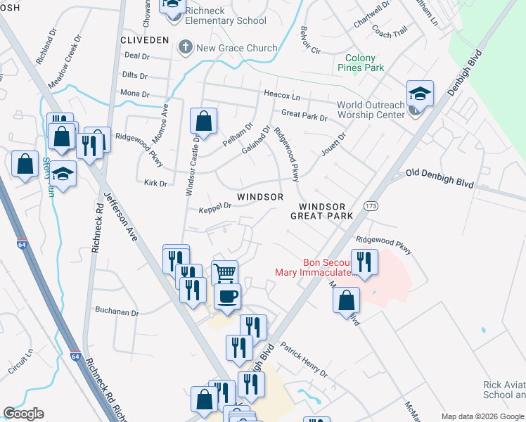 map of restaurants, bars, coffee shops, grocery stores, and more near 1374 Granada Court in Newport News
