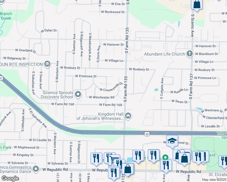 map of restaurants, bars, coffee shops, grocery stores, and more near 3152 West Countryside Drive in Springfield