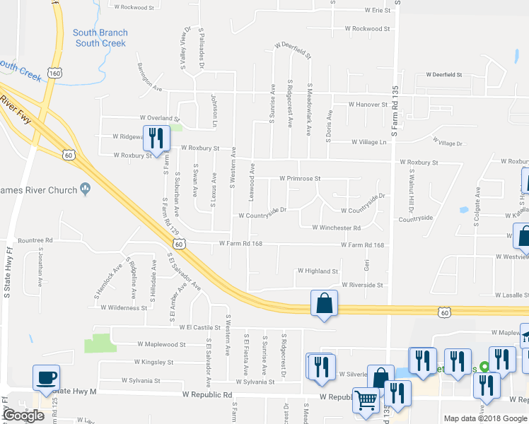 map of restaurants, bars, coffee shops, grocery stores, and more near 3709 South Sunrise Avenue in Springfield
