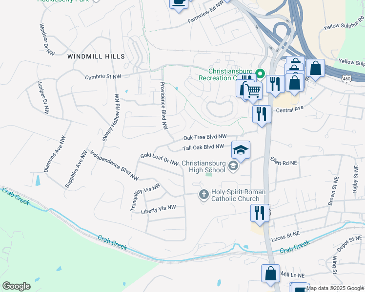 map of restaurants, bars, coffee shops, grocery stores, and more near 605 Tall Oak Boulevard Northwest in Christiansburg