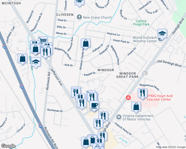 map of restaurants, bars, coffee shops, grocery stores, and more near 714 Keppel Drive in Newport News