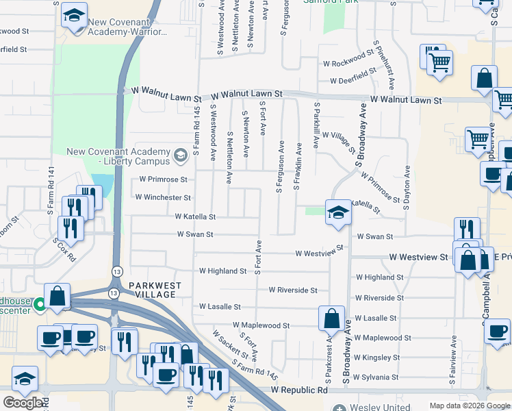 map of restaurants, bars, coffee shops, grocery stores, and more near 3661 S Fort Ave in Springfield