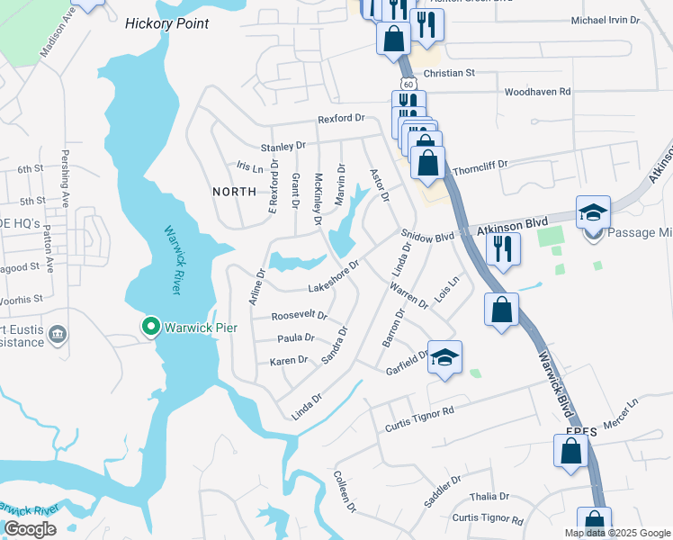 map of restaurants, bars, coffee shops, grocery stores, and more near 28 Lakeshore Drive in Newport News