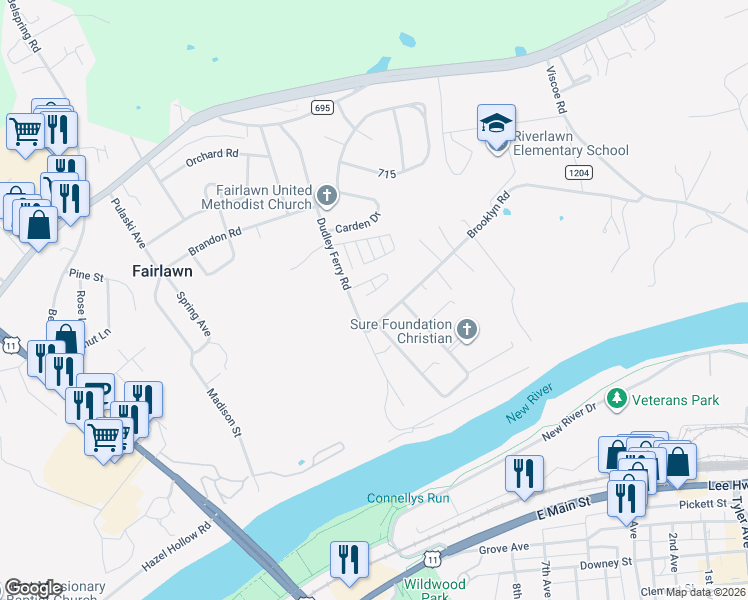 map of restaurants, bars, coffee shops, grocery stores, and more near 7633 Brooklyn Road in Fairlawn