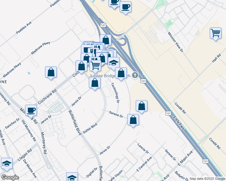 map of restaurants, bars, coffee shops, grocery stores, and more near 18425 Technology Drive in Morgan Hill