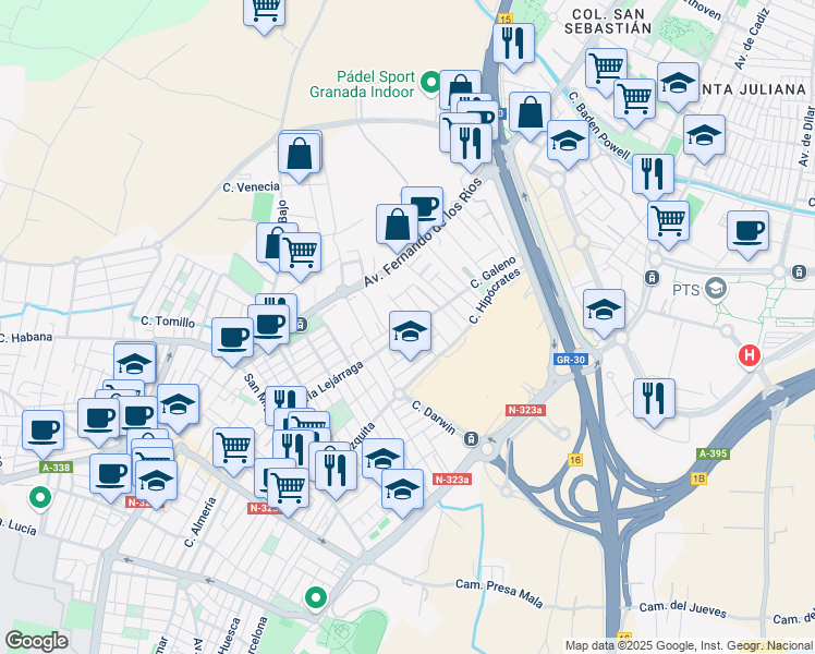 map of restaurants, bars, coffee shops, grocery stores, and more near 31 Calle Alfonso Laveran in Armilla