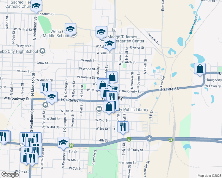 map of restaurants, bars, coffee shops, grocery stores, and more near 101 West Daugherty Street in Webb City