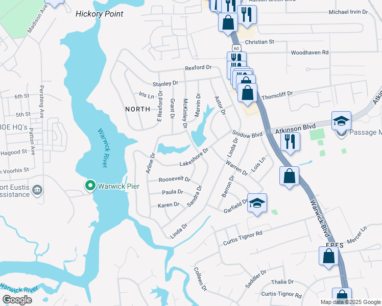 map of restaurants, bars, coffee shops, grocery stores, and more near 28 Lakeshore Drive in Newport News