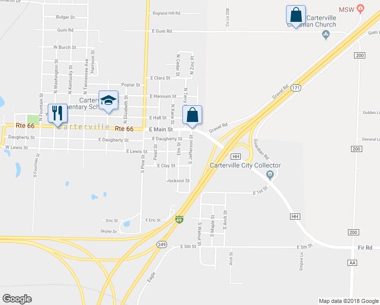 map of restaurants, bars, coffee shops, grocery stores, and more near 300 South Jefferson Street in Carterville