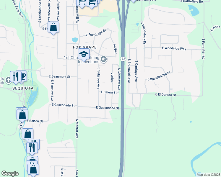 map of restaurants, bars, coffee shops, grocery stores, and more near 3545 Juniper in Springfield
