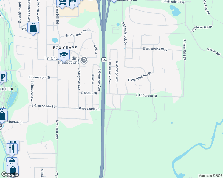 map of restaurants, bars, coffee shops, grocery stores, and more near 3544 South Brunswick Avenue in Springfield