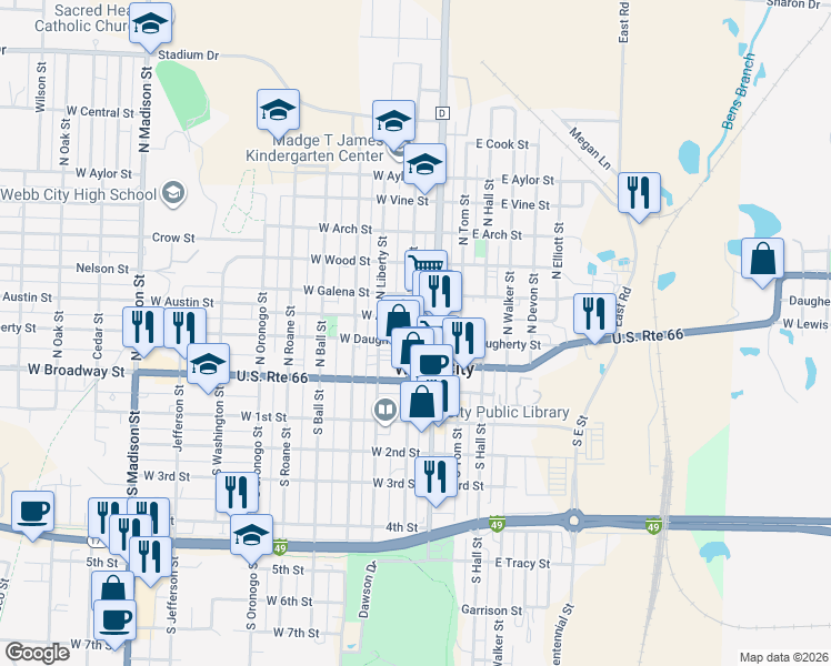 map of restaurants, bars, coffee shops, grocery stores, and more near 111 West Daugherty Street in Webb City