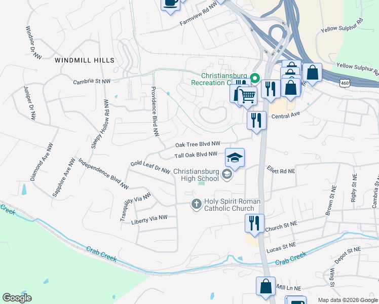 map of restaurants, bars, coffee shops, grocery stores, and more near 435 Tall Oak Boulevard Northwest in Christiansburg