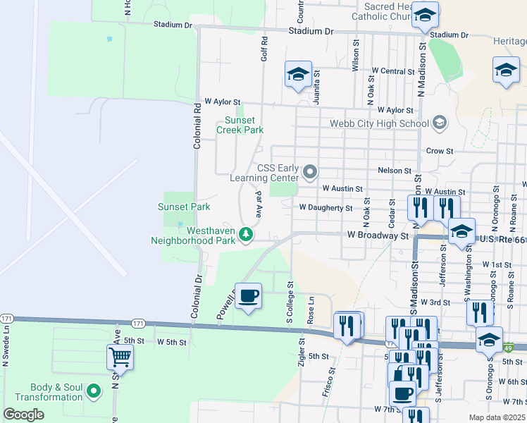 map of restaurants, bars, coffee shops, grocery stores, and more near 215 Par Avenue in Webb City