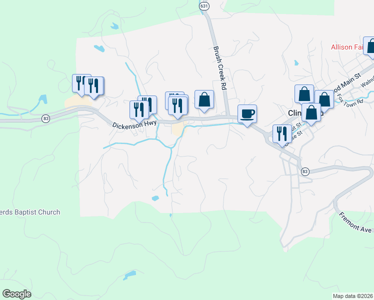 map of restaurants, bars, coffee shops, grocery stores, and more near 134 Green Wave Drive in Clintwood