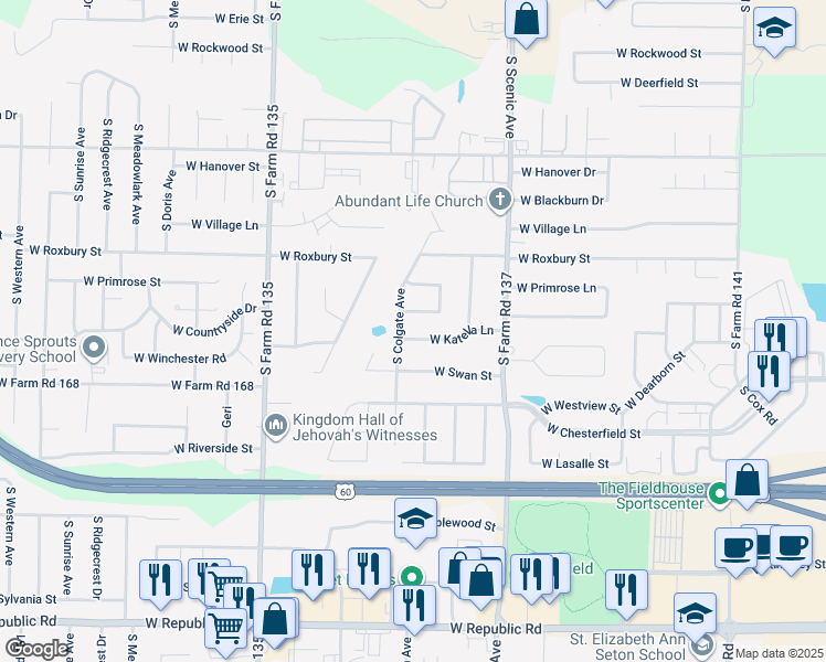 map of restaurants, bars, coffee shops, grocery stores, and more near 2853 West Katella Lane in Springfield