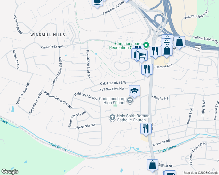 map of restaurants, bars, coffee shops, grocery stores, and more near 435 Tall Oak Boulevard Northwest in Christiansburg