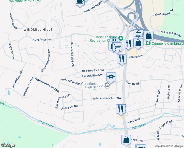map of restaurants, bars, coffee shops, grocery stores, and more near 395 Tall Oak Boulevard Northwest in Christiansburg