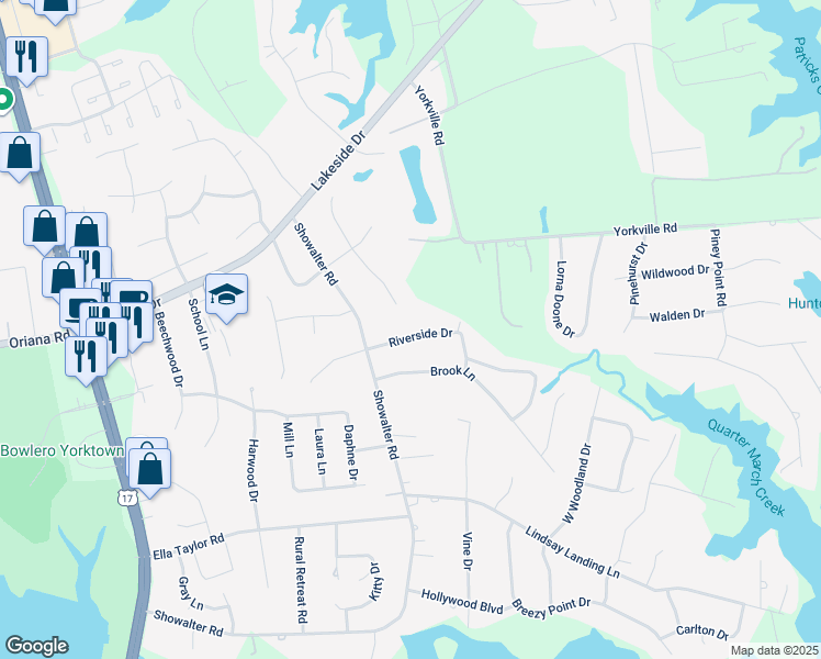 map of restaurants, bars, coffee shops, grocery stores, and more near 113 Riverside Drive in Yorktown