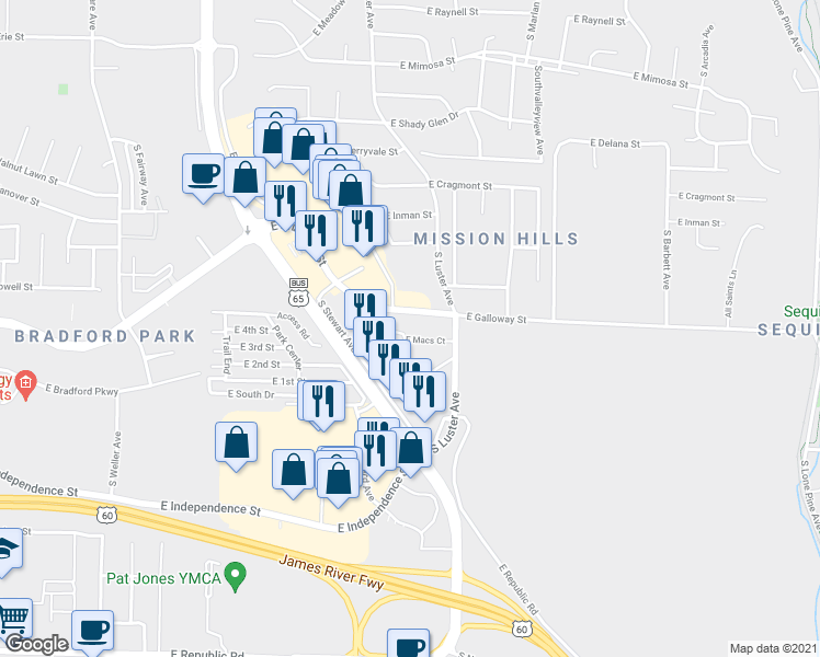 map of restaurants, bars, coffee shops, grocery stores, and more near 2127 East Macs Court in Springfield